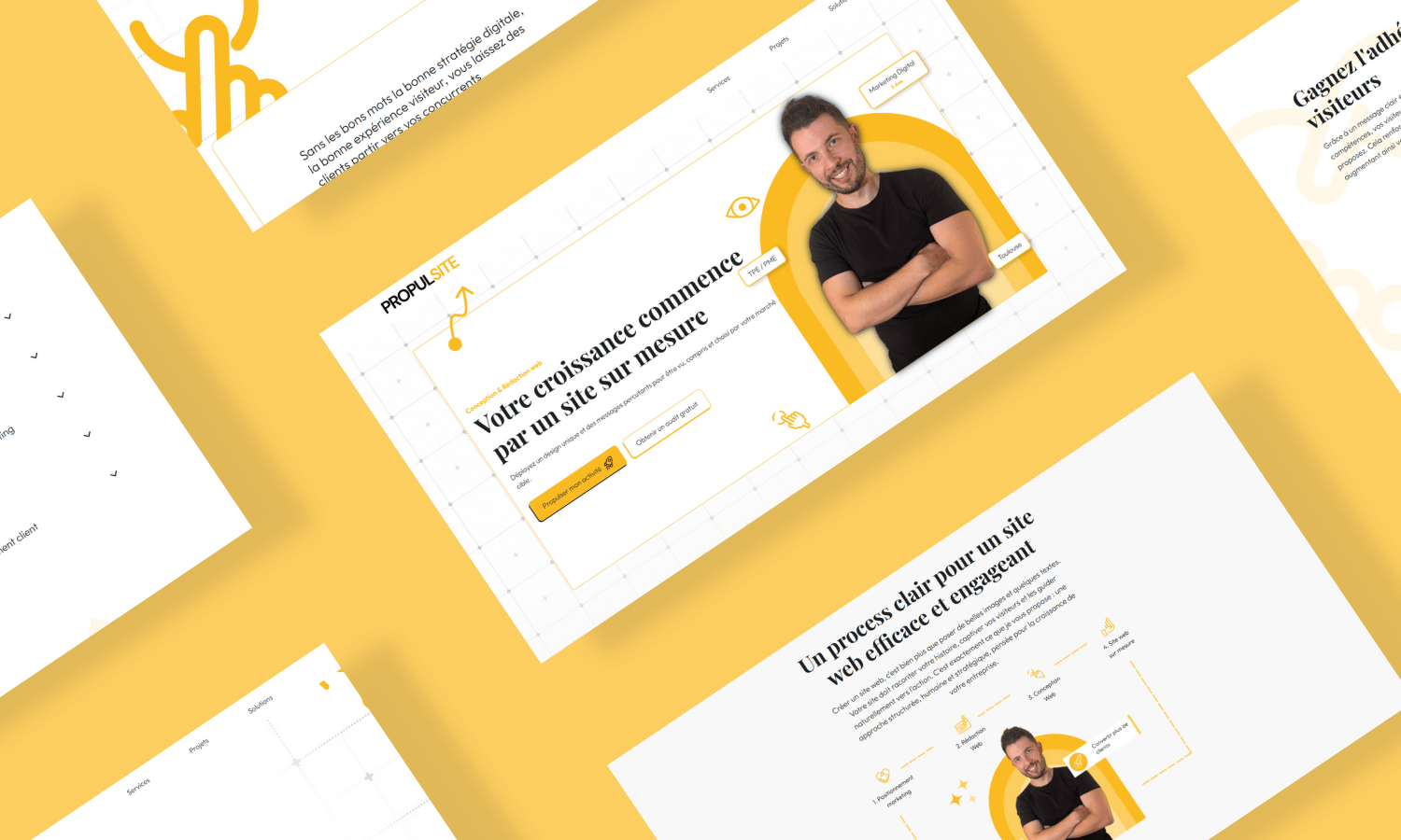 Mockup desktop du site Propulsite — vue d'ensemble multi-pages
